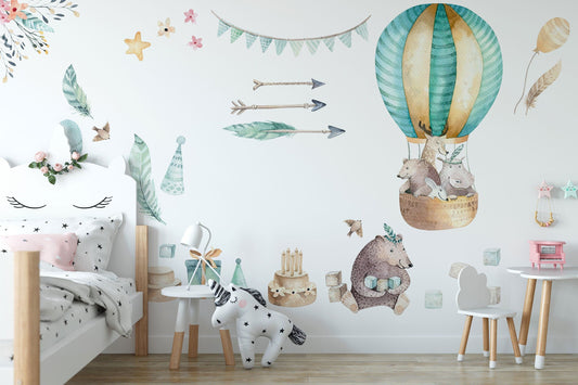 Air Balloon Nursery wall decal Watercolor animal, Forest animals Wall art, Nursery wall stickers Girls sticker Kids room decor