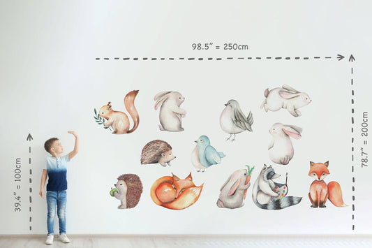 Woodland Watercolor Wall Decal Oak Pine Tree Animal Creatures - Bear, Fox, Raccoon, Rabbit, Squirrel, Porcupine Fabric Nursery Decals