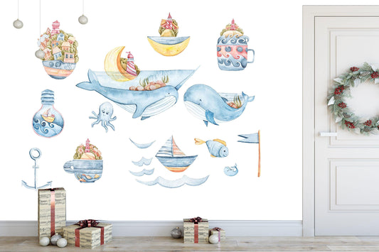 Sailboat Wall Decal, Sea Nursery wall decal, Sailing Ship Wall Decor, Watercolor animals, Forest animals wall sticker, Boys wall decal