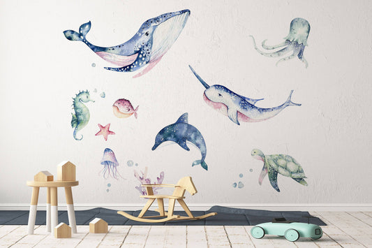 Ocean Animals Wall Decal for Kids and Nursery, Sticker Set, Dolphin, Shark, Turtle, Watercolor, Peel and stick