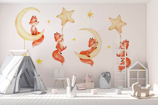 Night Sky Nursery wall decal Watercolor animal, Forest animals Wall art, Nursery wall stickers Girls sticker Kids room decor