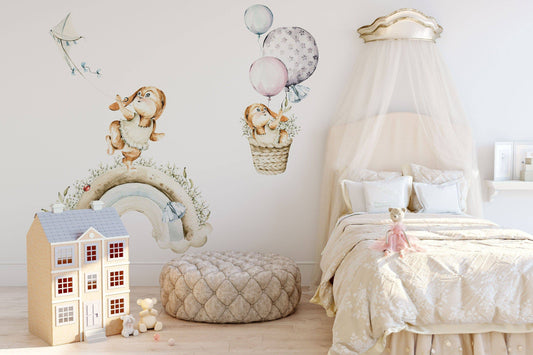 Bunny Balloon Watercolor Nursery Coral decals Baby Girl Wall art Balloon sticker Wall Decor Girl room Decals Hot air Balloon clings Decor