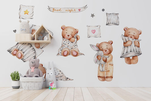 Teddy Bear Decal, Nursery Wall Stickers, Stars Clouds and Moon, Grey and Brown Gender Neutral, Baby Boys and Girls Room Decor, Toddler Gift
