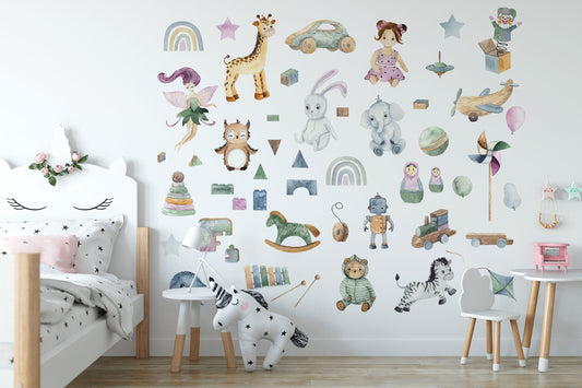 Watercolor Woodland Forest Animal Creatures Wall Decal Nursery Décor Bear Fox Bunny Raccoon Porcupine Squirrel Peel and Stick Kids Wall Art