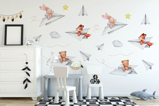 Paper Airplane Nursery wall decal, Watercolor animals, Wall stickers Kids room Boys decal, Hot air balloon decal