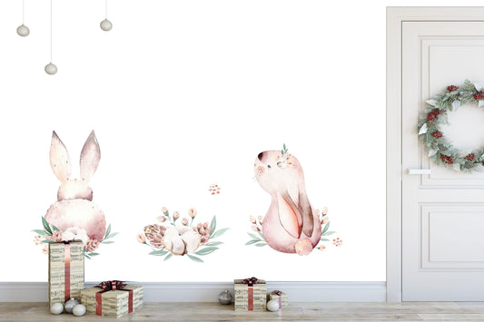 Fabric Wall Decal Nursery wall decal, Watercolor wall decals, Bunny wall decal, ballerinas decal, Pink nursery art