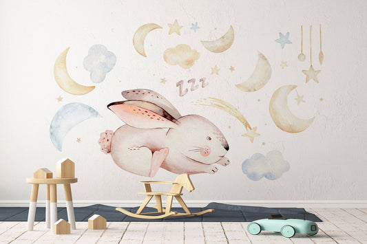 Fabric Wall Decal, Bunnies fishing Stars, Nursery wall decal, Watercolor decal, Kids wall art, Bunny wall decals, Wall decal