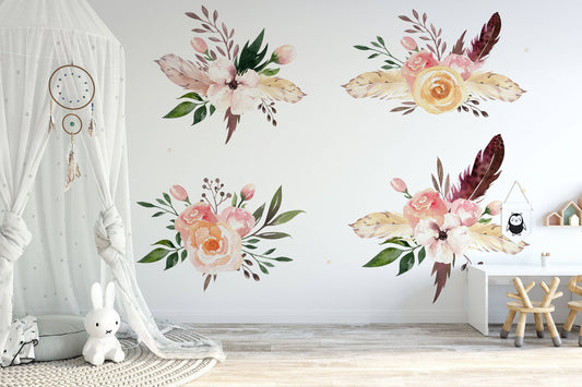 Flower wall decal, Nursery wall decal, Watercolor flower stickers, Baby girl room decor, Wall decal for kids, Floral wall decals