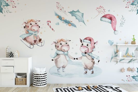 Christmas Animals Wall Decal; Christmas Window and Wall Stickers; Peel and stick Christmas wall mural; Woodland Christmas