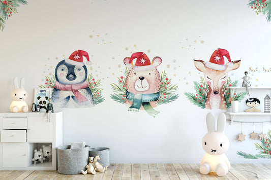 Winter Forest Wall Decal, Watercolor Deer Wall Decal, Snowy Tree Sticker, Nursery Forest Wall Decal, Pine Tree Wall Decal, Watercolor Animal