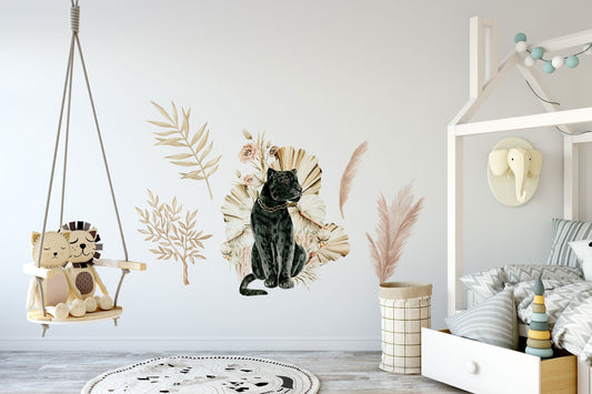 Wall Decal Nursery Black Tiger with Leafes Safari Wall Decal for Kids Wall Decor boys and girls