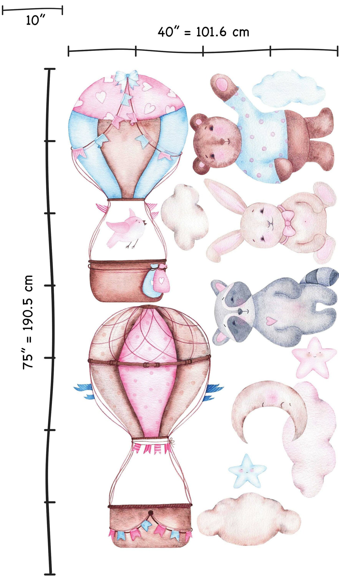 Hot Air Balloon Wall decal, Nursery decal Personalized Name, Watercolor Safari animals wall sticker, Baby girl, Jungle animal decor Wall art