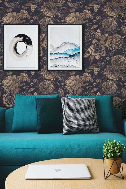 Vintage Flower Gold Color Wallpaper | Removable Wallpaper | Peel and Stick Wallpaper | Wall Paper | Wall Mural