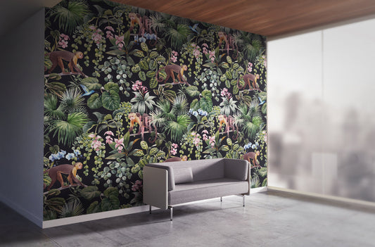 Tropical Macaque | Removable Wallpaper | Scandinavian Wallpaper | Temporary Wallpaper | Peel and Stick Wallpaper