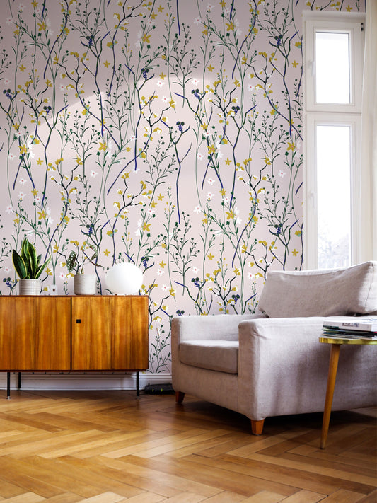 Wind Blow Flowers | Removable Wallpaper | Scandinavian Wallpaper | Temporary Wallpaper | Peel and Stick Wallpaper