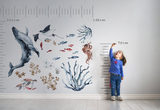Watercolor sea world wall decal, watercolor decal set, nursery, peel and stick, nursery wall sticker for nursery and home wall decor.