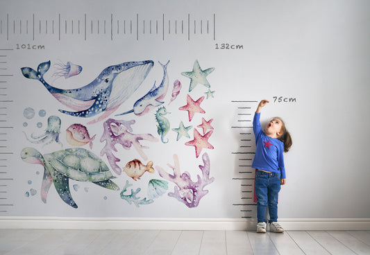 Watercolor ocean wall decals - watercolor sea life stickers - peel and stick nursery wall art for nursery and home wall decor.
