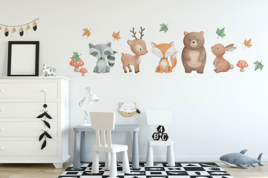 Watercolor forest animals | nursery wall decal sticker | woodland animals wall decal | watercolor wall decals | raccoon deer fox bear rabbit for nursery and home wall decor.