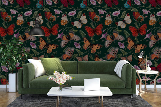 Dark floral wallpaper, Vintage, Butterflies and leaves wall mural, Dark wallpaper, Peel & Stick wallpaper, Trending design 2022, Wall decor