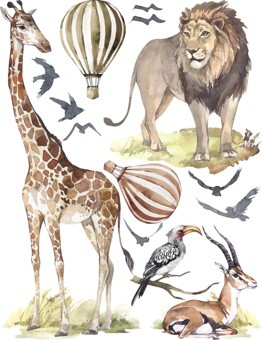 Watercolor big animal watercolor wall decal set for kids, removable cute safari animals, lion, elephant nursery stickers, peel and stick for nursery and home wall decor.