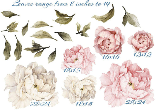 Watercolor soft pink peony wall decal set made from removable peel and stick wallpaper material, flower wall decals for nursery decor, peony flowers for nursery and home wall decor.