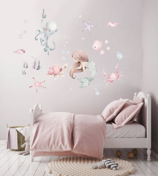 Watercolor mermaid wall decal, watercolor decal set, nursery, peel and stick, nursery wall sticker, mermaid decoration for nursery and home wall decor.