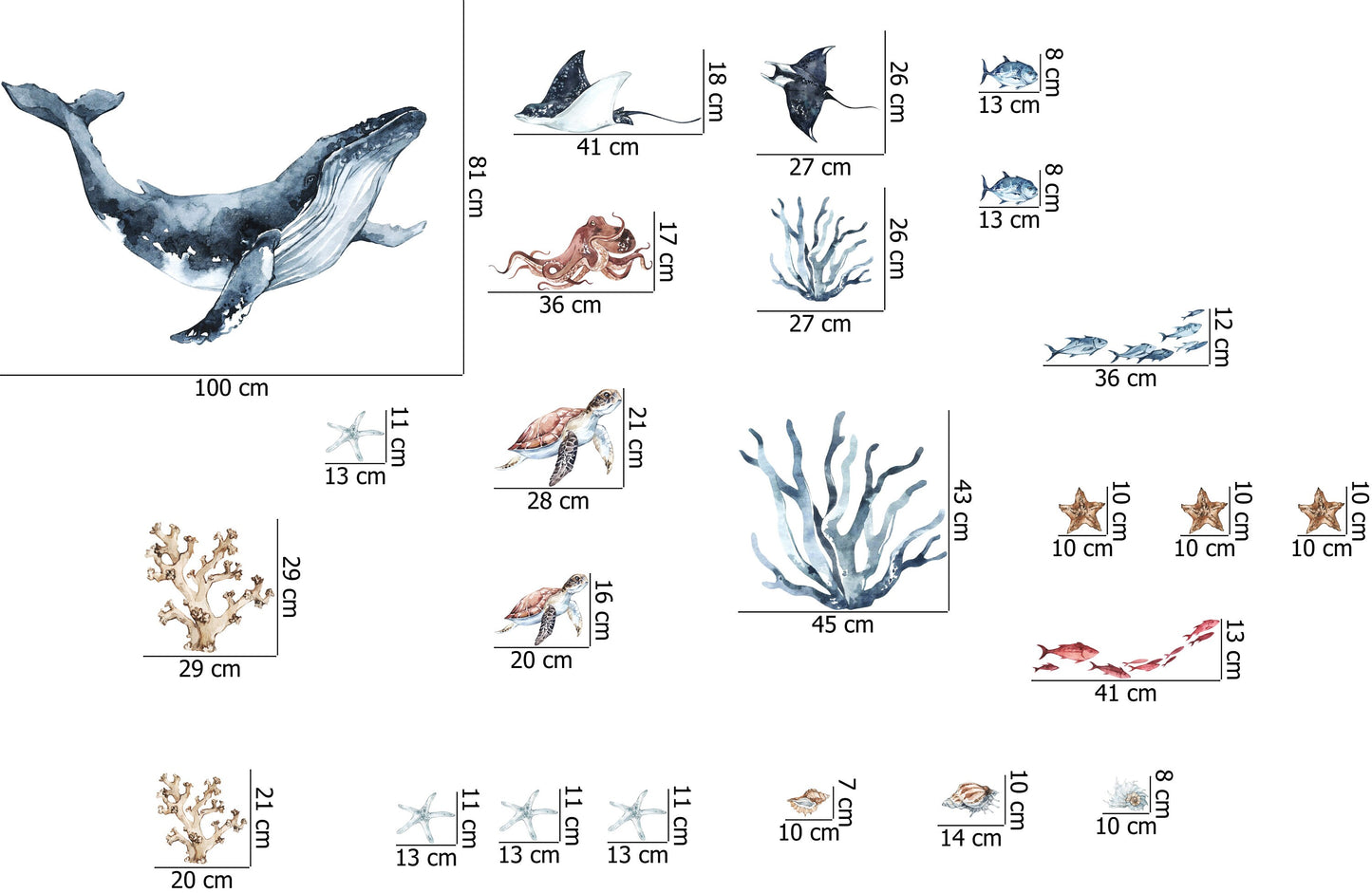 Sea World Wall Decal, Watercolor Decal Set, nursery, Peel and stick, Nursery wall sticker