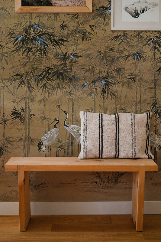 Crane Bird And Monstera Leaves Wallpaper, Wall Mural, Peel and Stick, Self Adhesive, Wall Covering by Bella Stampa Studio