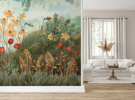 Watercolor garden plants and flowers wallpaper peel and stick for nursery and home wall decor.