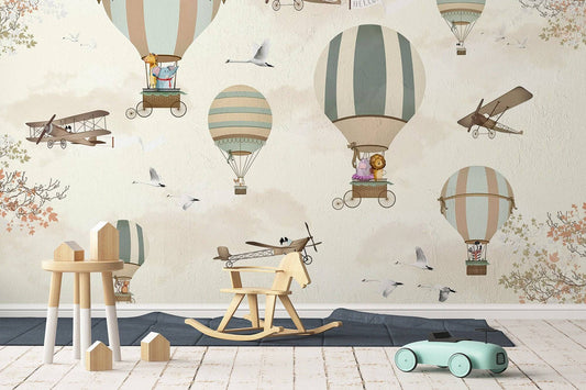 Flying Hot Air Balloons Wallpaper, Wall Mural, Peel and Stick, Self Adhesive, Wall Covering by Bella Stampa Studio