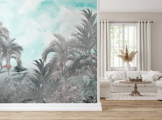 Watercolor tropical plants wallpaper peel and stick for nursery and home wall decor.