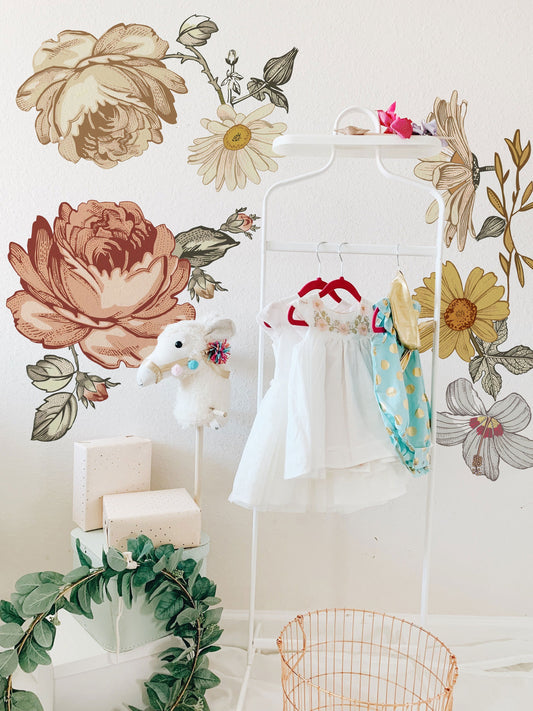 Watercolor soft nursery floral wall decal wall sticker for kids vintage peony flower, madelyn nursery wall decal, for nursery and home wall decor.