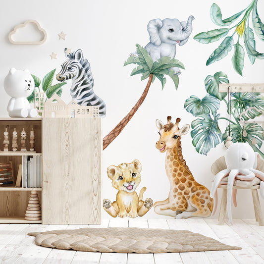 Watercolor cute safari decals for kids room | wild african animal wall art | peel and stick jungle stickers, elephant for nursery and home wall decor.