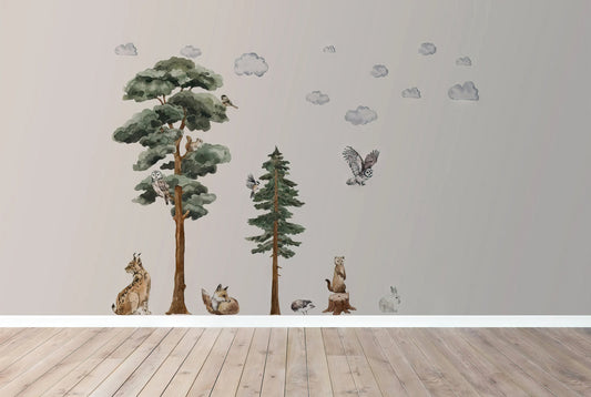 Watercolor woodland forest animal wall decals | watercolor nursery decor | backwoods trees and animals | peel and stick kids wall art for nursery and home wall decor.