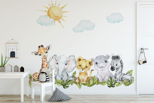 Watercolor watercolor nursery wall mural | safari baby elephant and lion decals for nursery and home wall decor.