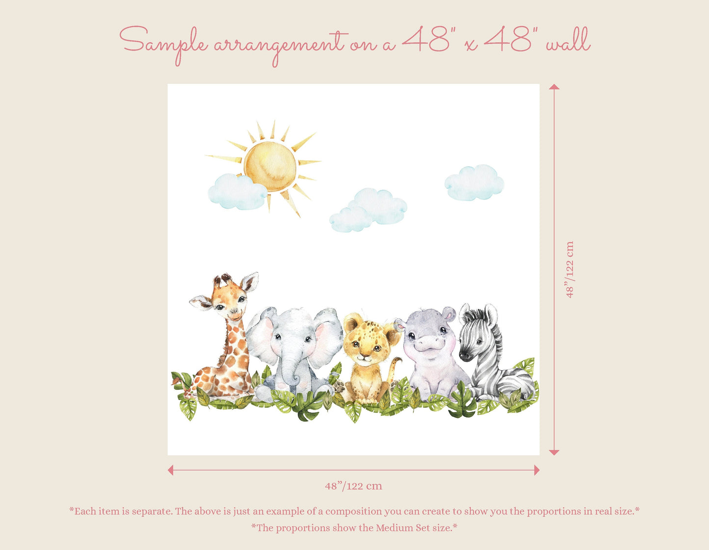 Watercolor Nursery Wall Mural | Safari Baby Elephant and Lion Decals