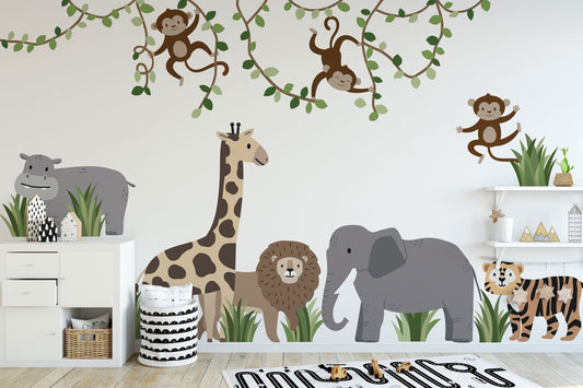 Watercolor safari jungle wall decals: large animals & monkey stickers for nursery, repositionable jungle wall decals for nursery and home wall decor.