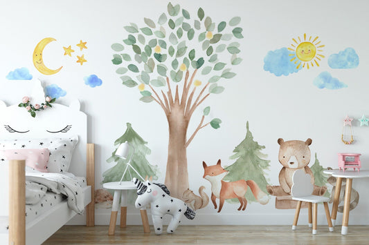 Watercolor woodland watercolor wall decal oak pine tree animal creatures - bear, fox, raccoon, rabbit, squirrel, porcupine fabric nursery decals for nursery and home wall decor.