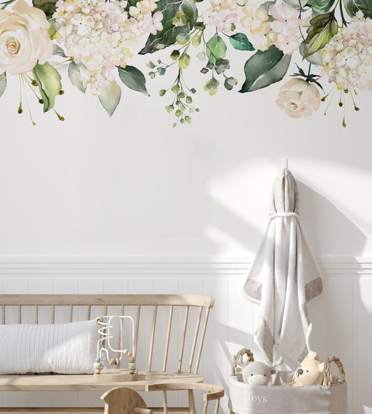 Watercolor White Floral Wall Decal | Soft Bouquet Wall Mural | Nursery Flowers Art Print
