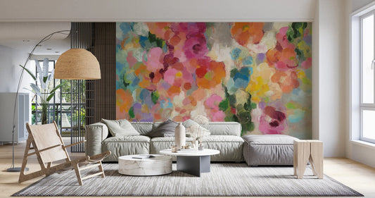Colorful Garden , Self adhesive Wallpaper, Wall mural, Vintage Painting, Wall Art