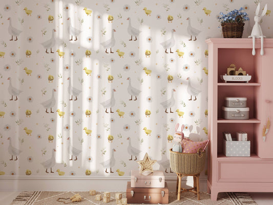 Watercolor Goose and Little Ducklings Wallpaper | Sprigs of Leaves and Daisies Peel and Stick Wallpaper | Kids Room Wall Decor
