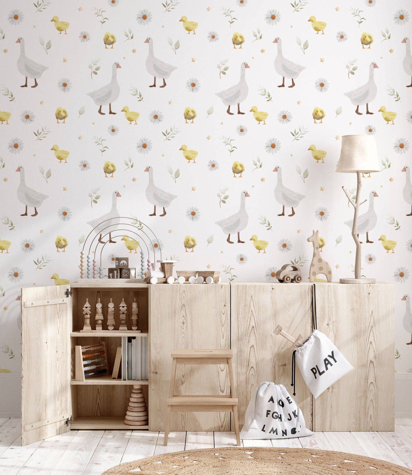 Watercolor Goose and Little Ducklings Wallpaper | Sprigs of Leaves and Daisies Peel and Stick Wallpaper | Kids Room Wall Decor