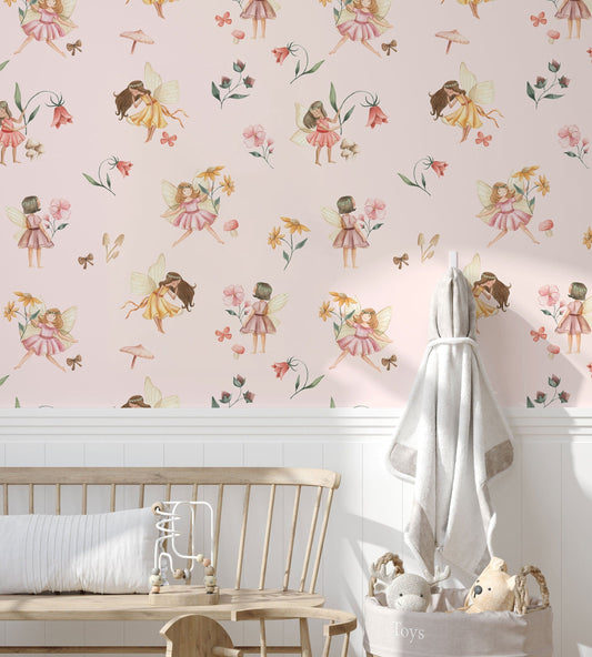 Pink Fairy Removable Wallpaper | Watercolor Fairies Wall Decor | Nursery Fairytale Mural