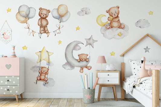 Sleeping Bears Wall Decal | Bears in the Air Nursery Wall Sticker | Clouds and Stars Wall Decor