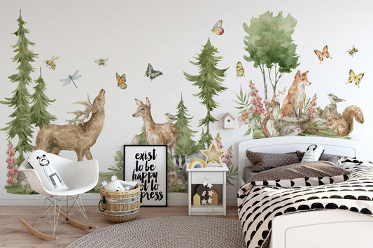 Forest Animals Wall Decal | Cute Animals with Big Trees Wall Sticker | Nursery Watercolor Forest Animals Wall Decals