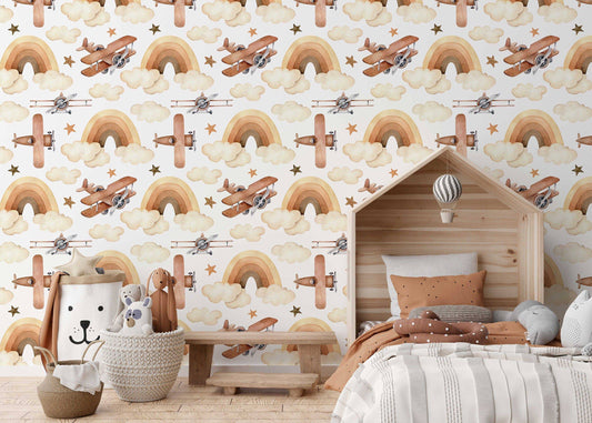Sky Wallpaper for Kids Room Decor | Airplane Wallpaper | Nursery Wallpaper | Kids Room Wallpaper | Peel and Stick Wallpaper Kids Room