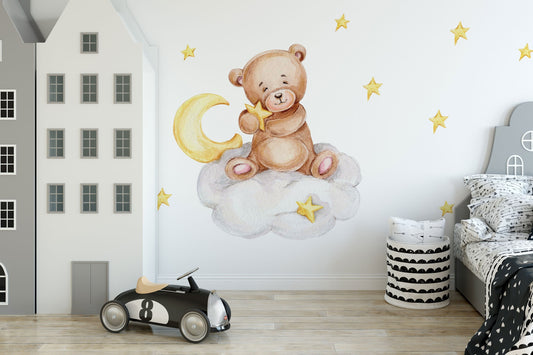 Watercolor sleeping teddy bear bunny nursery animal wall decal | bear nursery sticker | bunny wall sticker decal | kids room nursery wall decal for nursery and home wall decor.