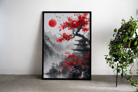 japanese moon red Asian Style Poster | Wall Art for Home & Office | High-Quality Print - High-Quality Visual Display