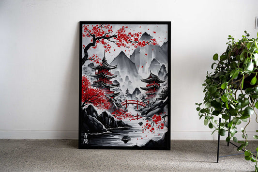japanese temples ink wash Asian Style Poster | Wall Art for Home & Office | High-Quality Print - High-Quality Visual Display
