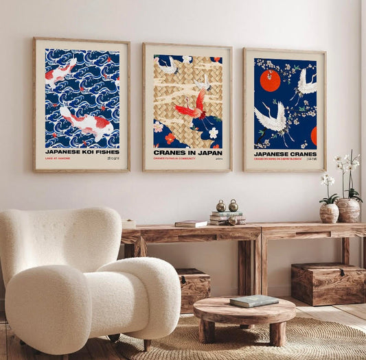 Japanese Crane Bird Print Set in Red and Blue